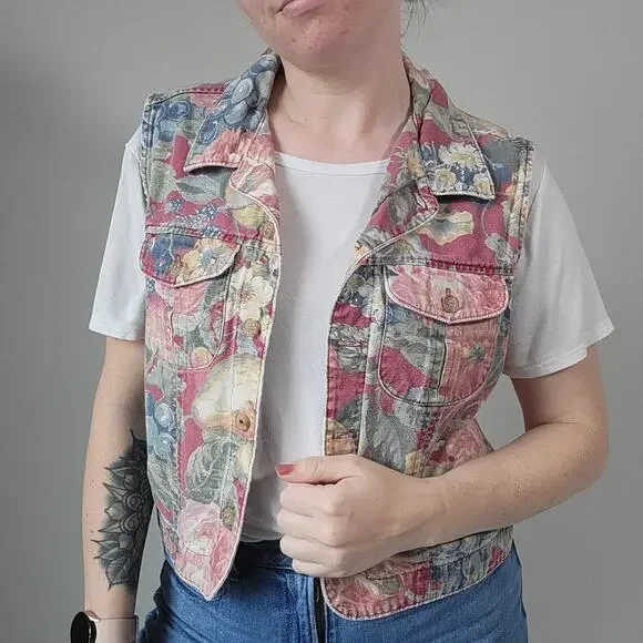 Vintage 90s Gotcha Covered Denim Floral Vest Size Medium - Picture 2 of 9